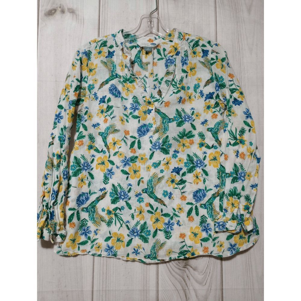 Old Navy Shirt Ladies Medium White Yellow Floral Birds Linen Blend Long Sleeve V